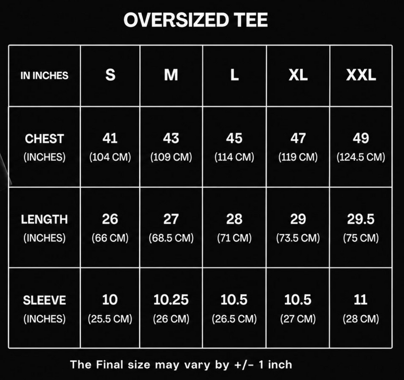 Size Chart for Susegad Life Oversized T-Shirt