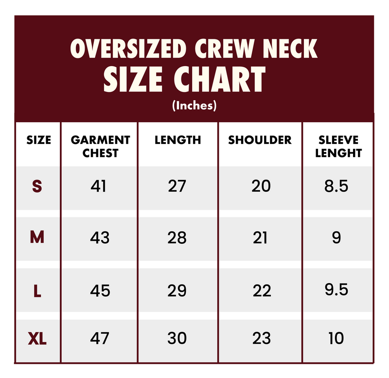 Size Chart for Pixel Crew Neck T-Shirt
